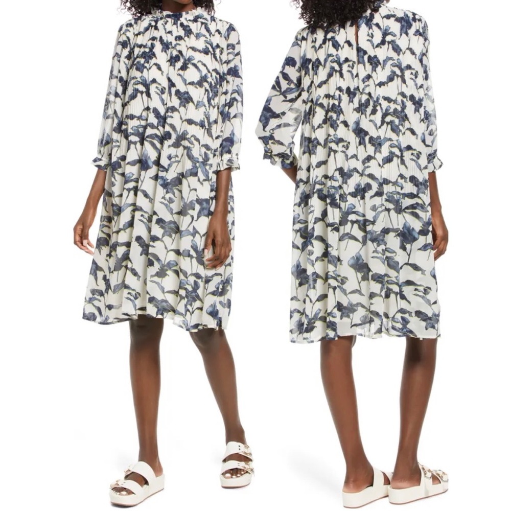 Aware by Vero Moda Paloma Floral Print Pleated Birch Shift Dress Size L NWT